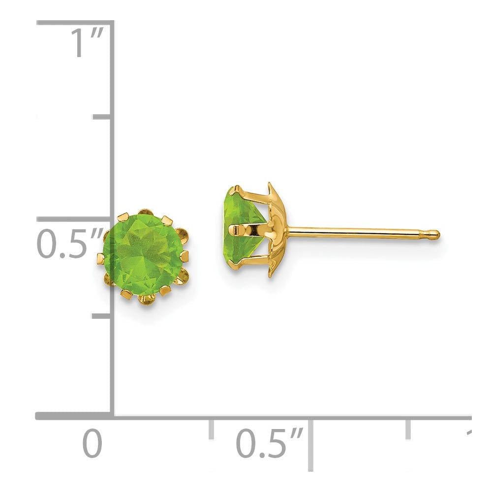 Alternate view of the Kids 5mm Synthetic Peridot Birthstone 14k Yellow Gold Stud Earrings by The Black Bow Jewelry Co.