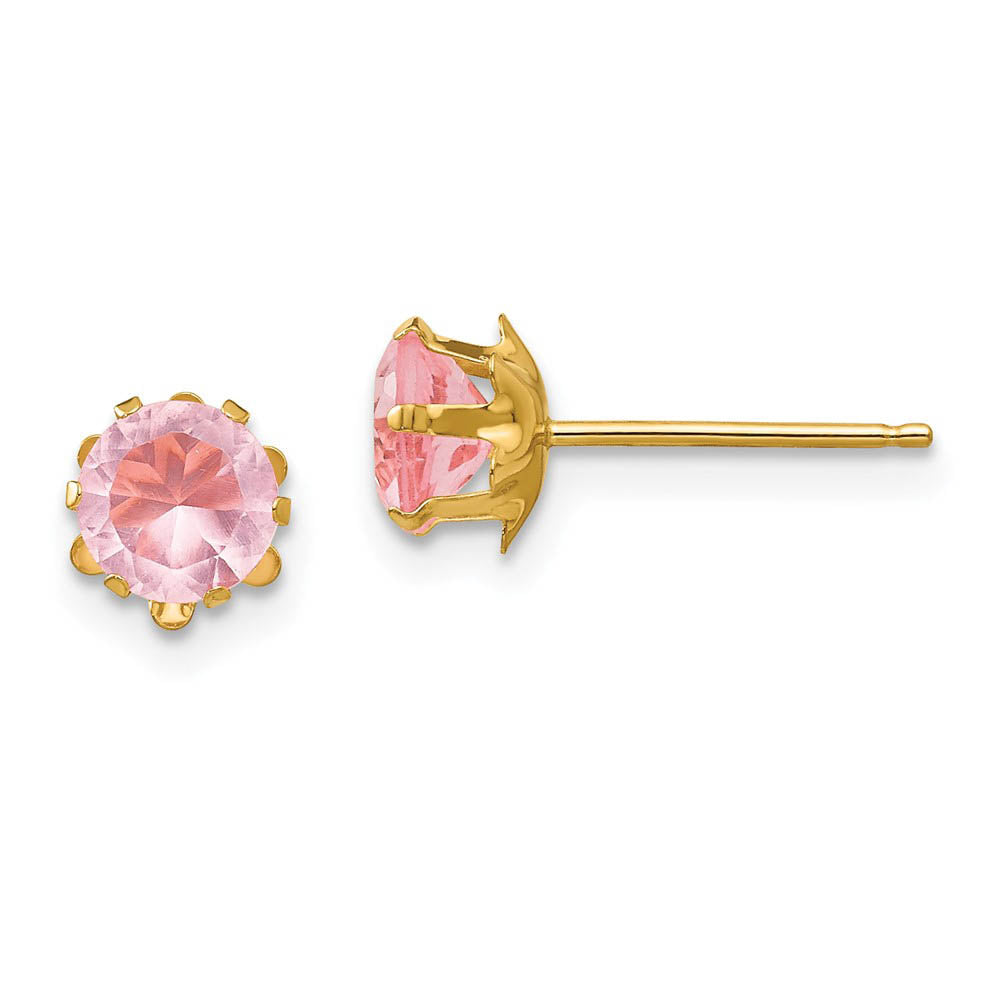 Kids 5mm Synthetic Pink Tourmaline Birthstone 14k Gold Stud Earrings, Item E10017 by The Black Bow Jewelry Co.