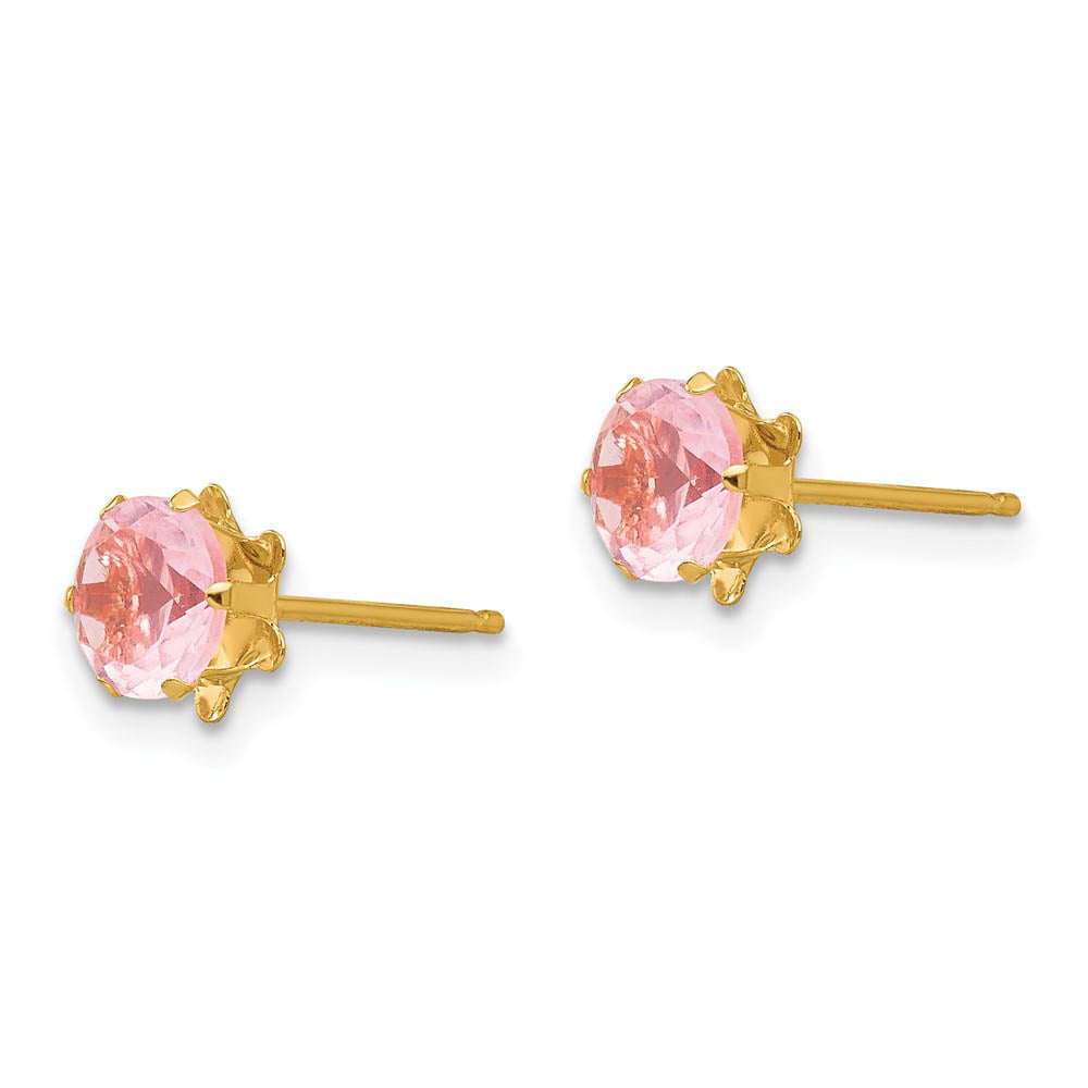 Alternate view of the Kids 5mm Synthetic Pink Tourmaline Birthstone 14k Gold Stud Earrings by The Black Bow Jewelry Co.