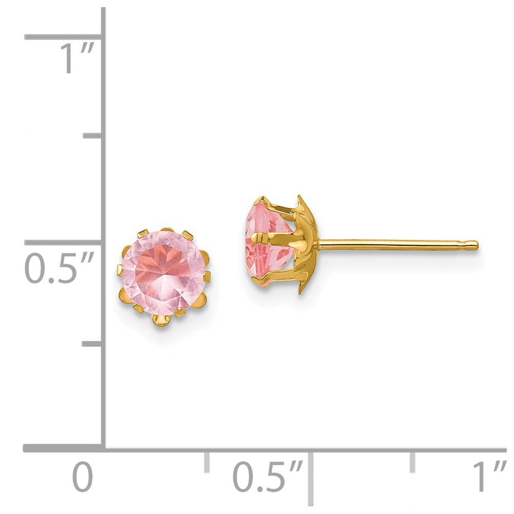 Alternate view of the Kids 5mm Synthetic Pink Tourmaline Birthstone 14k Gold Stud Earrings by The Black Bow Jewelry Co.