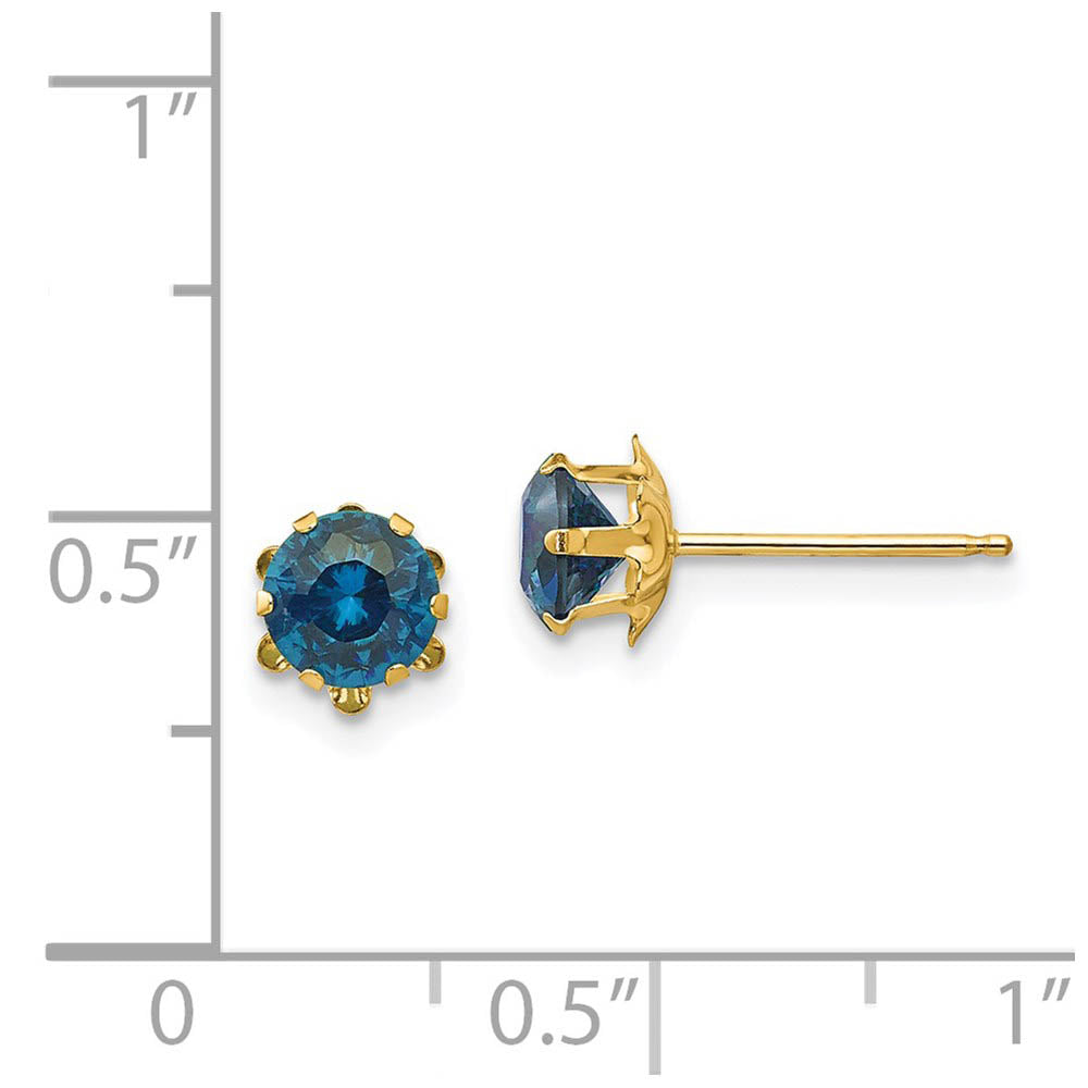 Alternate view of the Kids 5mm Synthetic Blue Topaz Birthstone 14k Yellow Gold Stud Earrings by The Black Bow Jewelry Co.