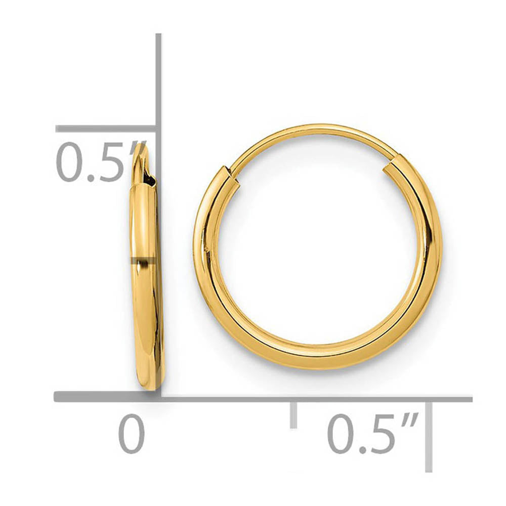 Alternate view of the 12mm Children's Endless Hoop Earrings in 14k Yellow Gold by The Black Bow Jewelry Co.