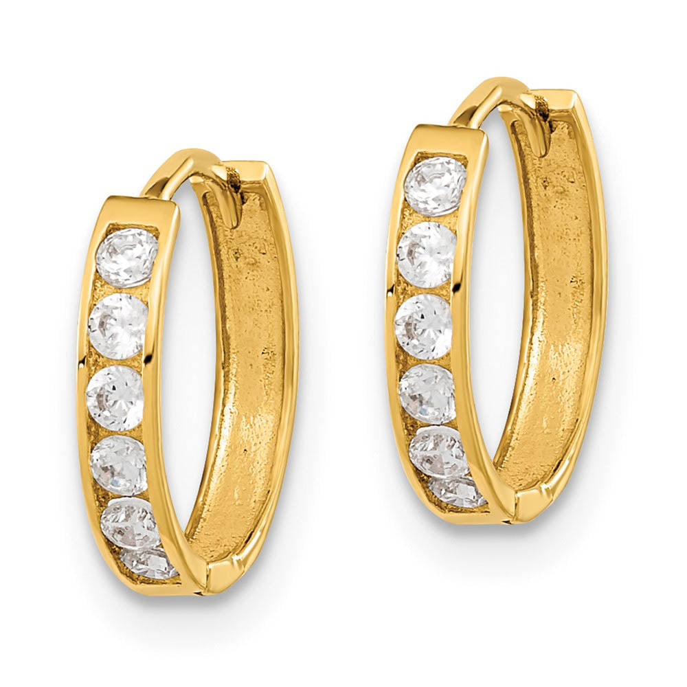 Alternate view of the 13mm Children's Hinged Post Cubic Zirconia Hoop Earrings in 14k Gold by The Black Bow Jewelry Co.