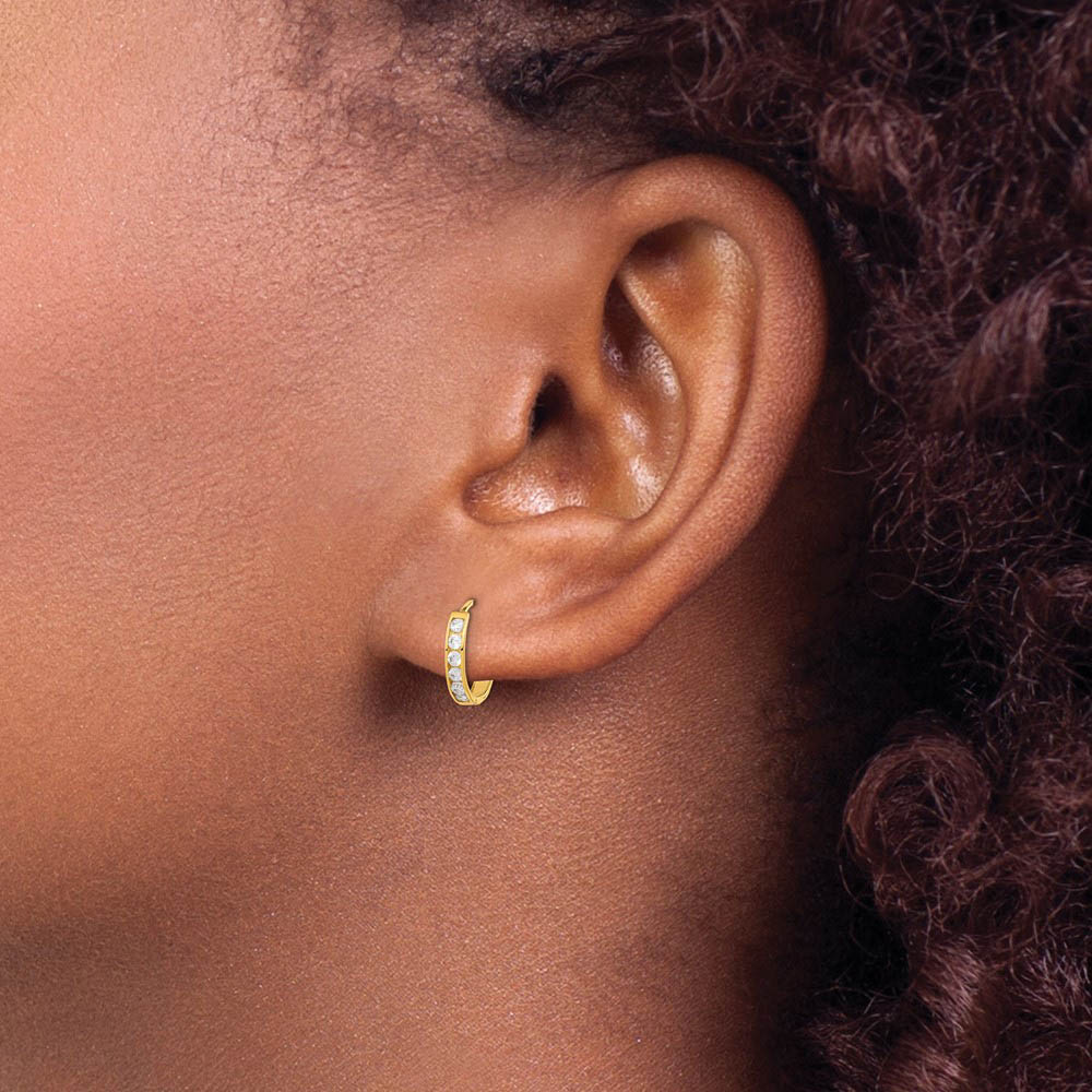Alternate view of the 13mm Children's Hinged Post Cubic Zirconia Hoop Earrings in 14k Gold by The Black Bow Jewelry Co.