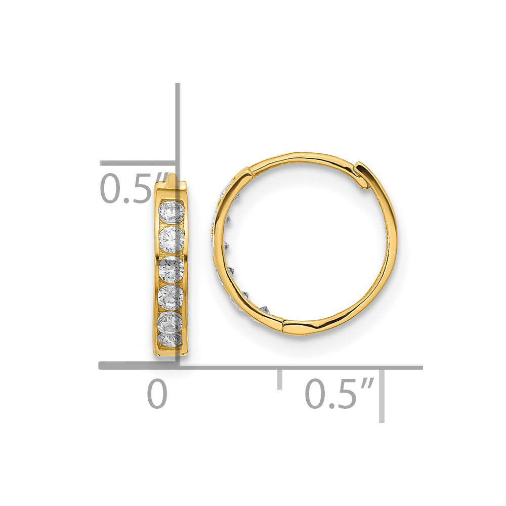 Alternate view of the 13mm Children's Hinged Post Cubic Zirconia Hoop Earrings in 14k Gold by The Black Bow Jewelry Co.
