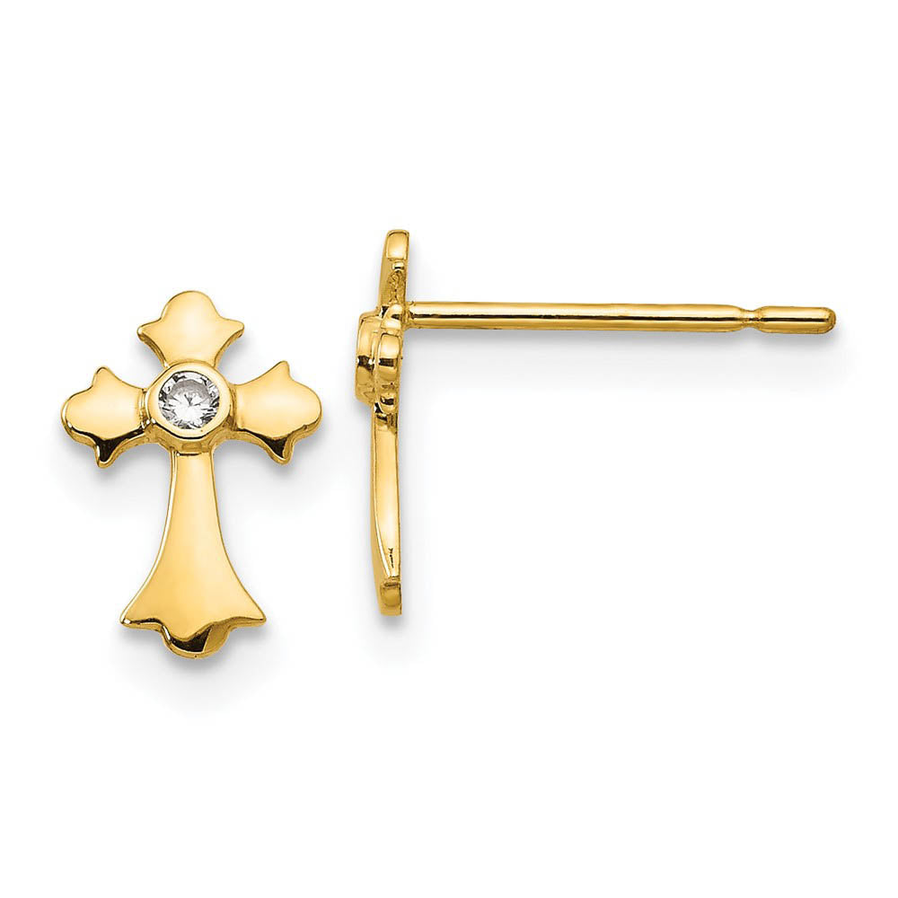 Children's 14k Yellow Gold & CZ 9mm Fleur de Lis Cross Post Earrings, Item E10113 by The Black Bow Jewelry Co.