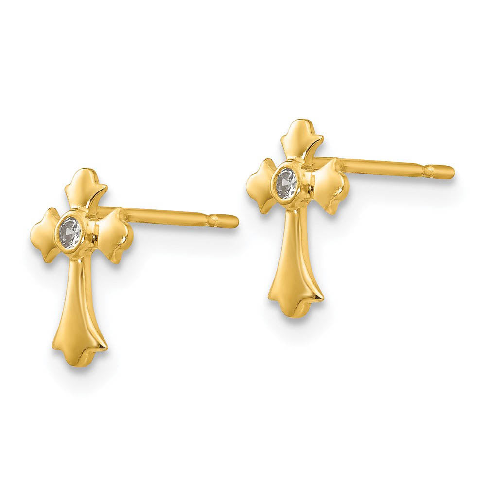 Alternate view of the Children's 14k Yellow Gold & CZ 9mm Fleur de Lis Cross Post Earrings by The Black Bow Jewelry Co.