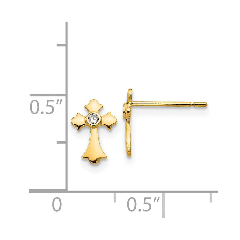 Alternate view of the Children's 14k Yellow Gold & CZ 9mm Fleur de Lis Cross Post Earrings by The Black Bow Jewelry Co.
