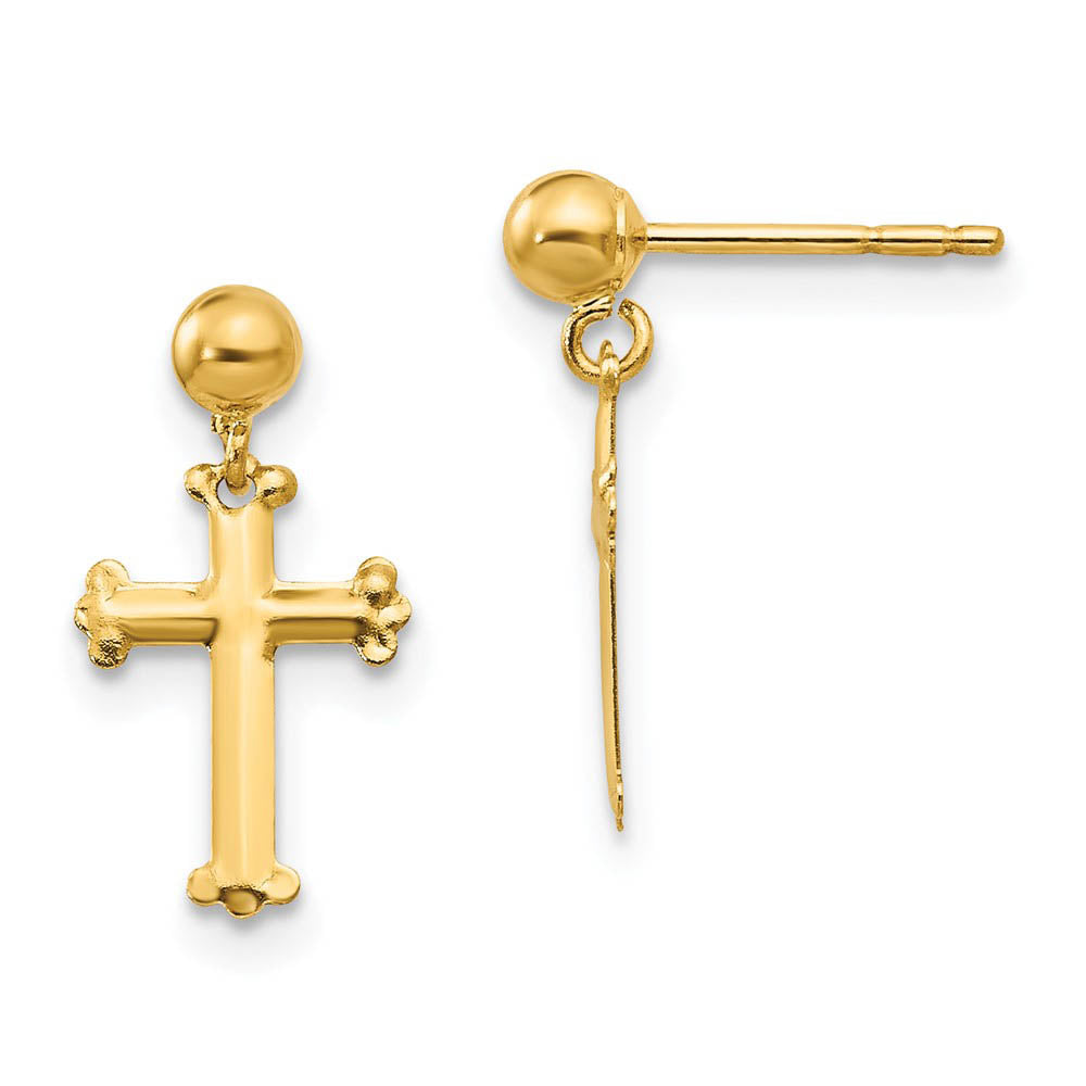 Children's 14k Yellow Gold 14mm Budded Cross Dangle Post Earrings, Item E10136 by The Black Bow Jewelry Co.