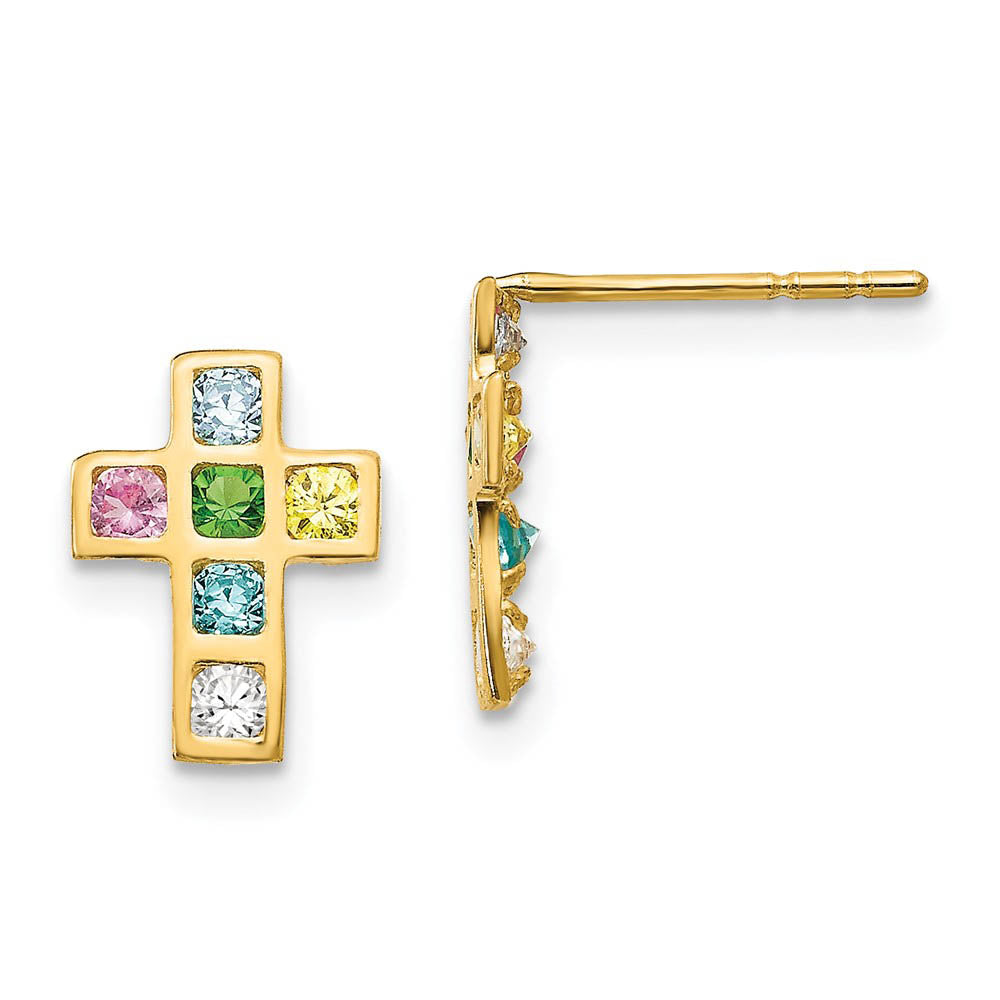 Children's 14k Yellow Gold & CZ 10mm Jeweled Cross Post Earrings, Item E10137 by The Black Bow Jewelry Co.