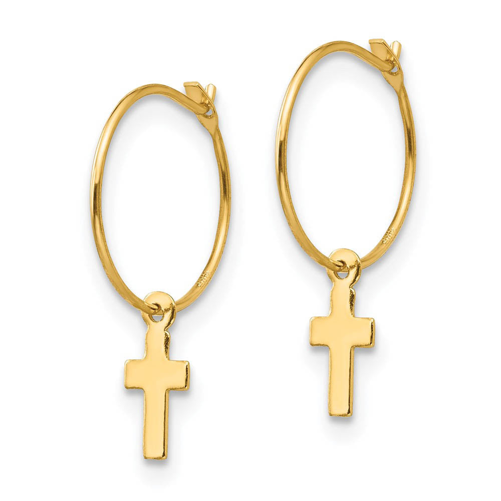 Alternate view of the Children's 14k Yellow Gold 10mm Endless Hoop Dangling Cross Earrings by The Black Bow Jewelry Co.
