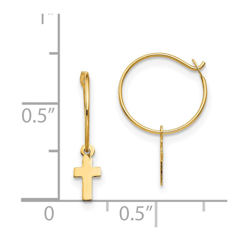 Alternate view of the Children's 14k Yellow Gold 10mm Endless Hoop Dangling Cross Earrings by The Black Bow Jewelry Co.