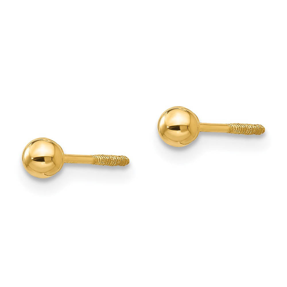 Alternate view of the 3mm Polished Ball Screw Back Stud Earrings in 14k Yellow Gold by The Black Bow Jewelry Co.