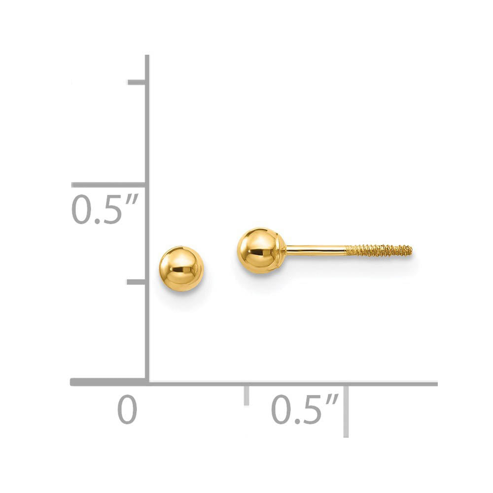 Alternate view of the 3mm Polished Ball Screw Back Stud Earrings in 14k Yellow Gold by The Black Bow Jewelry Co.