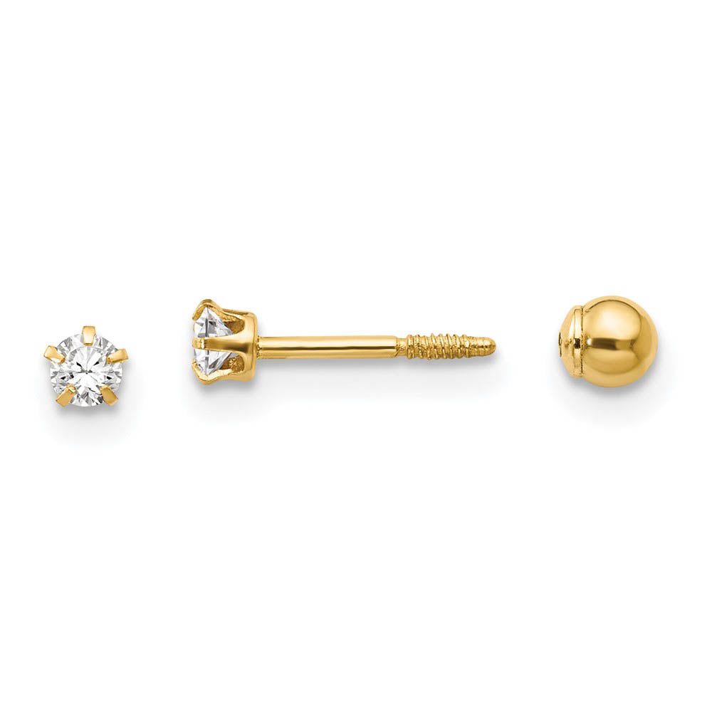 Kids 14k Yellow Gold & Crystal Reversible 3mm Ball Screw Back Earrings, Item E10200 by The Black Bow Jewelry Co.