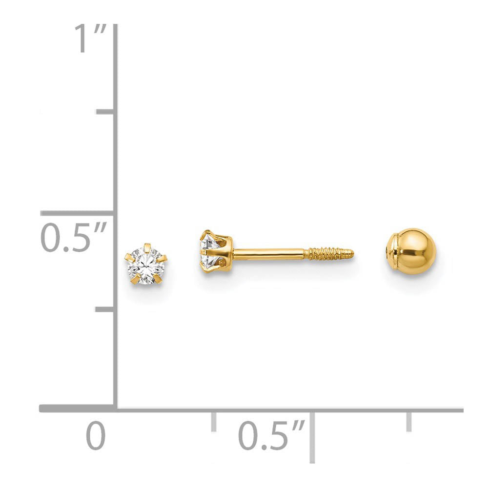 Alternate view of the Kids 14k Yellow Gold & Crystal Reversible 3mm Ball Screw Back Earrings by The Black Bow Jewelry Co.