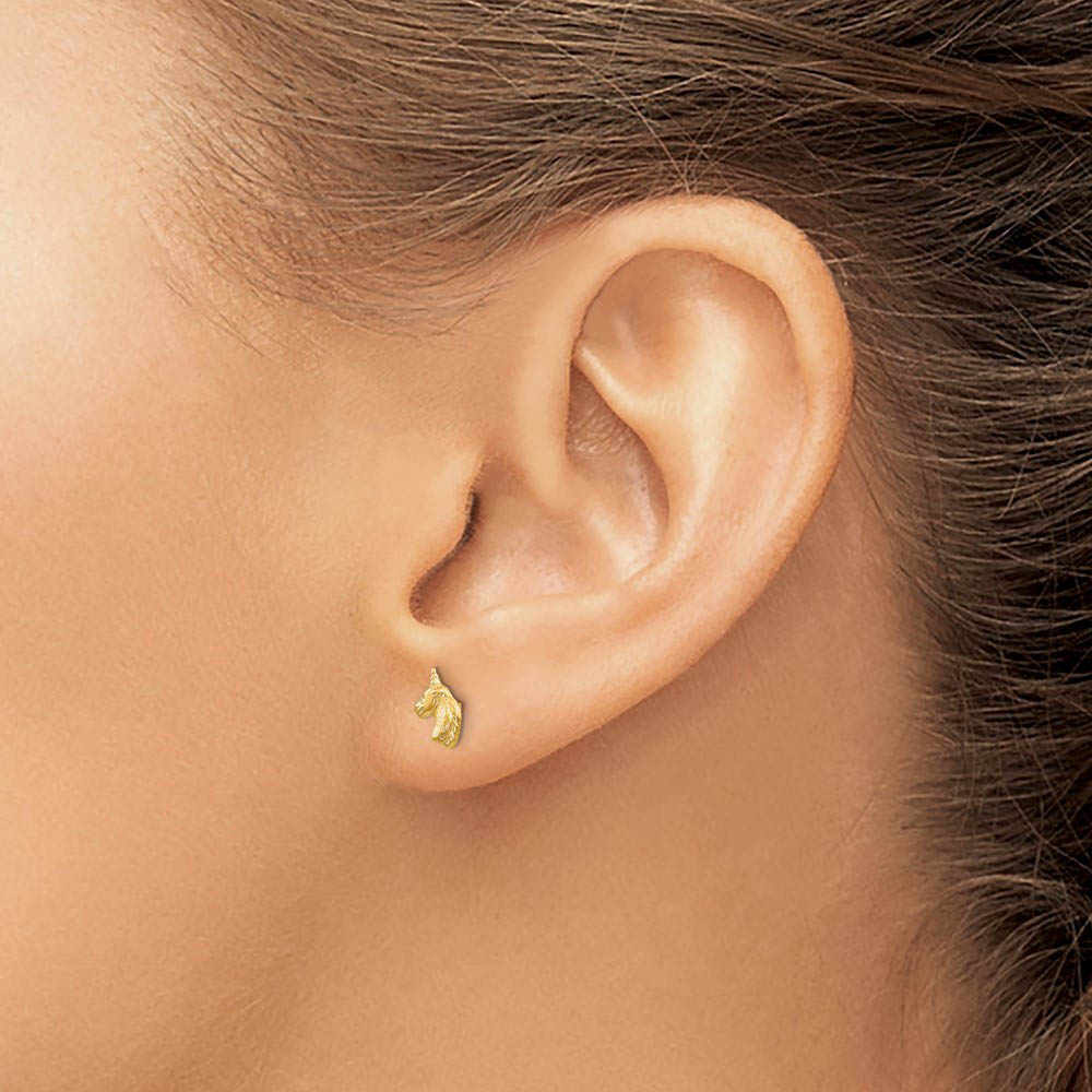 Alternate view of the Kids Unicorn Screw Back Post Earrings in 14k Yellow Gold by The Black Bow Jewelry Co.