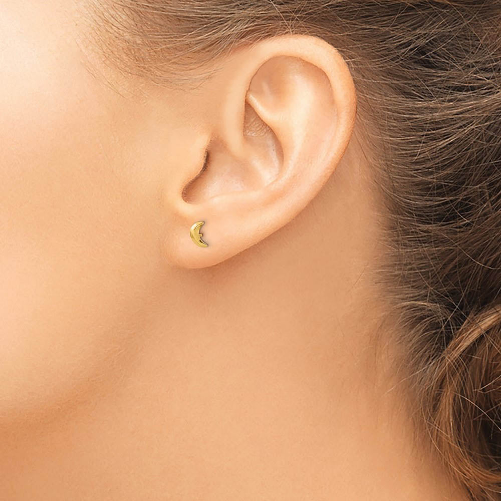 Alternate view of the Kids Polished Moon Screw Back Post Earrings in 14k Yellow Gold by The Black Bow Jewelry Co.