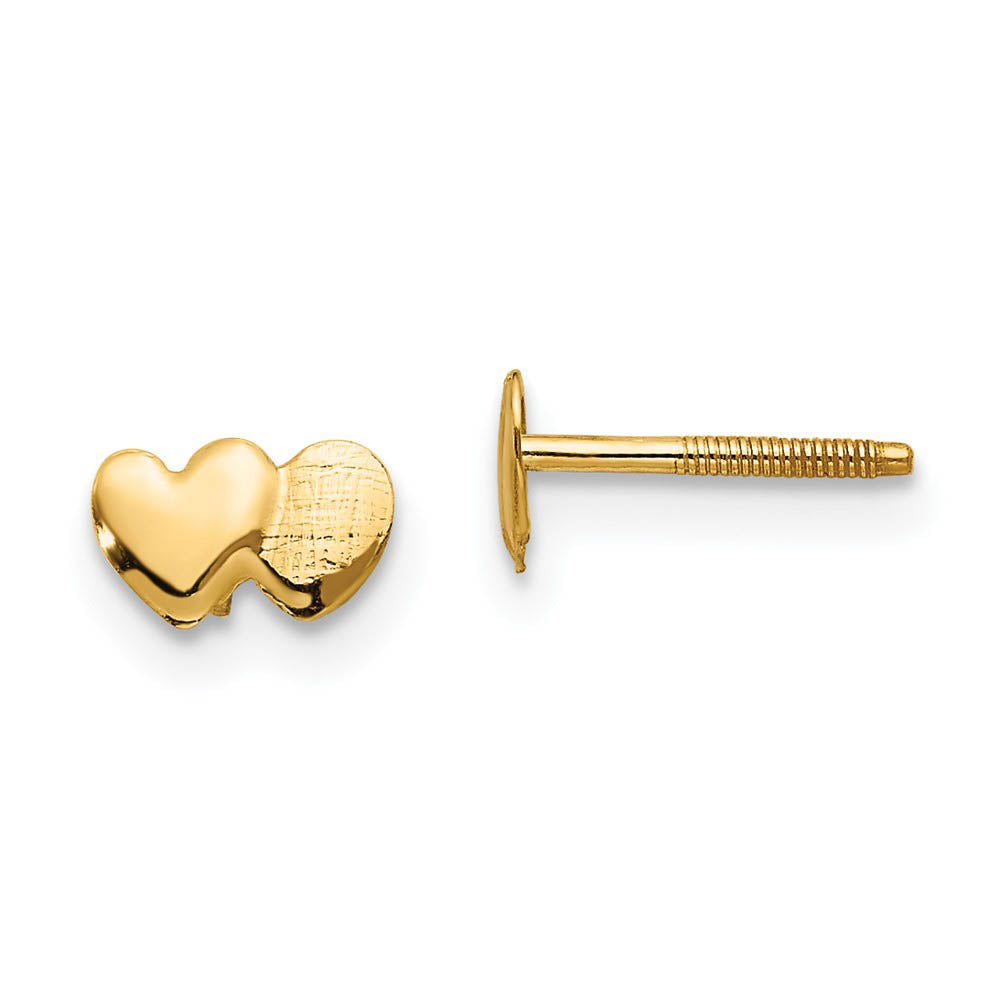 Kids Double Heart Screw Back Post Earrings in 14k Yellow Gold, Item E10241 by The Black Bow Jewelry Co.