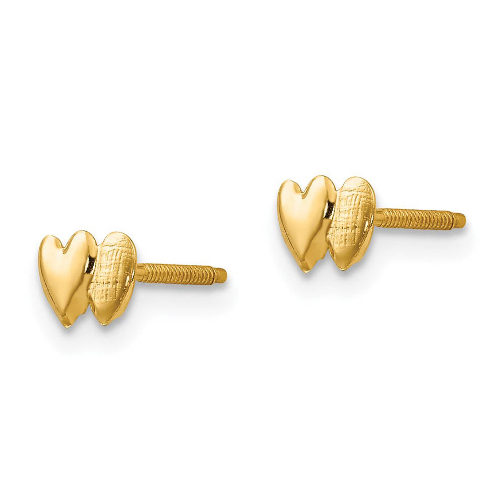 Alternate view of the Kids Double Heart Screw Back Post Earrings in 14k Yellow Gold by The Black Bow Jewelry Co.