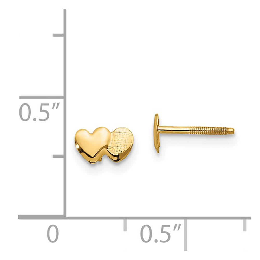 Alternate view of the Kids Double Heart Screw Back Post Earrings in 14k Yellow Gold by The Black Bow Jewelry Co.