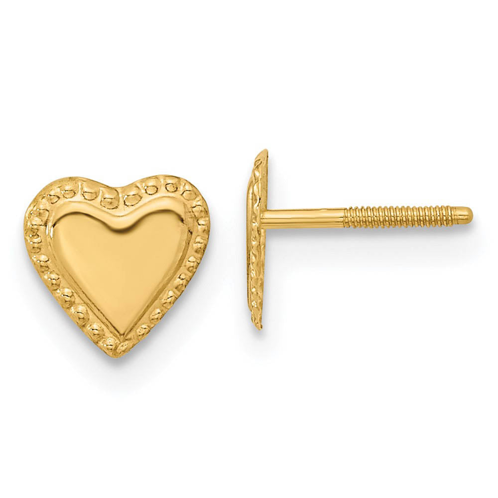 Kids 6mm Textured Edge Heart Post Earrings in 14k Yellow Gold, Item E10243 by The Black Bow Jewelry Co.