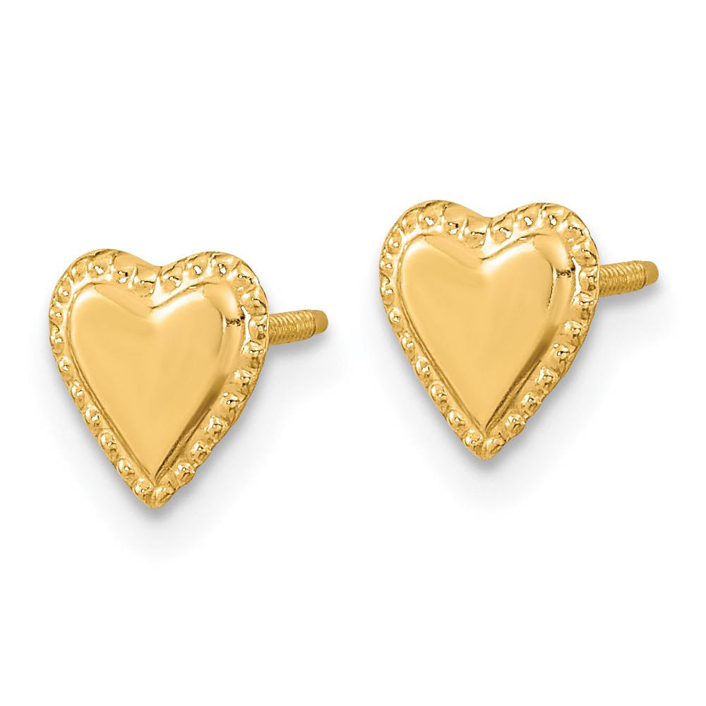 Alternate view of the Kids 6mm Textured Edge Heart Post Earrings in 14k Yellow Gold by The Black Bow Jewelry Co.