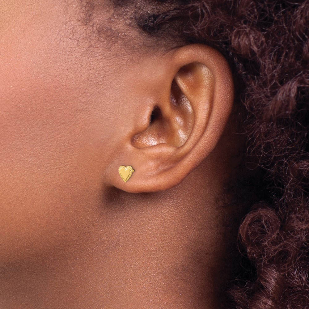 Alternate view of the Kids 6mm Textured Edge Heart Post Earrings in 14k Yellow Gold by The Black Bow Jewelry Co.