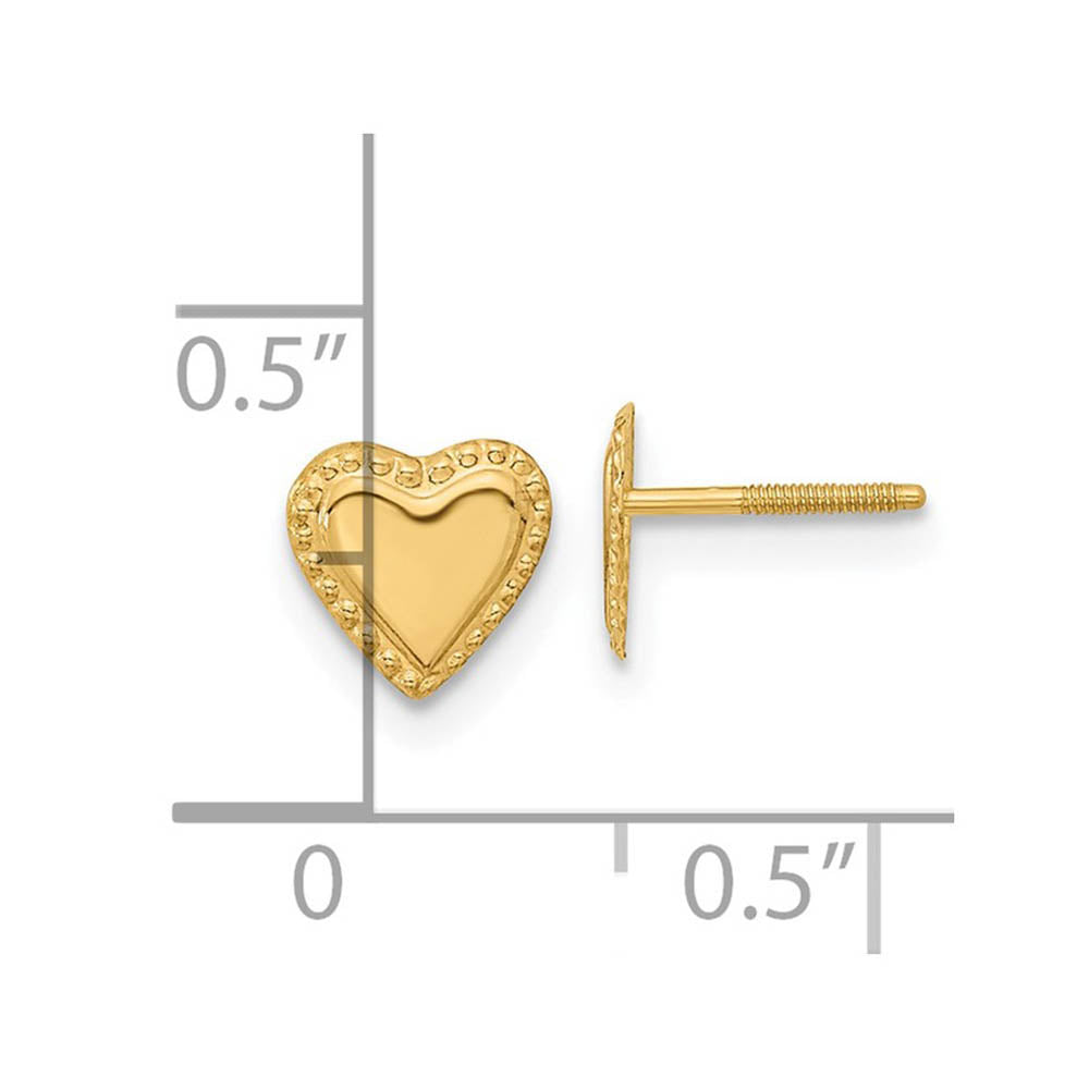 Alternate view of the Kids 6mm Textured Edge Heart Post Earrings in 14k Yellow Gold by The Black Bow Jewelry Co.