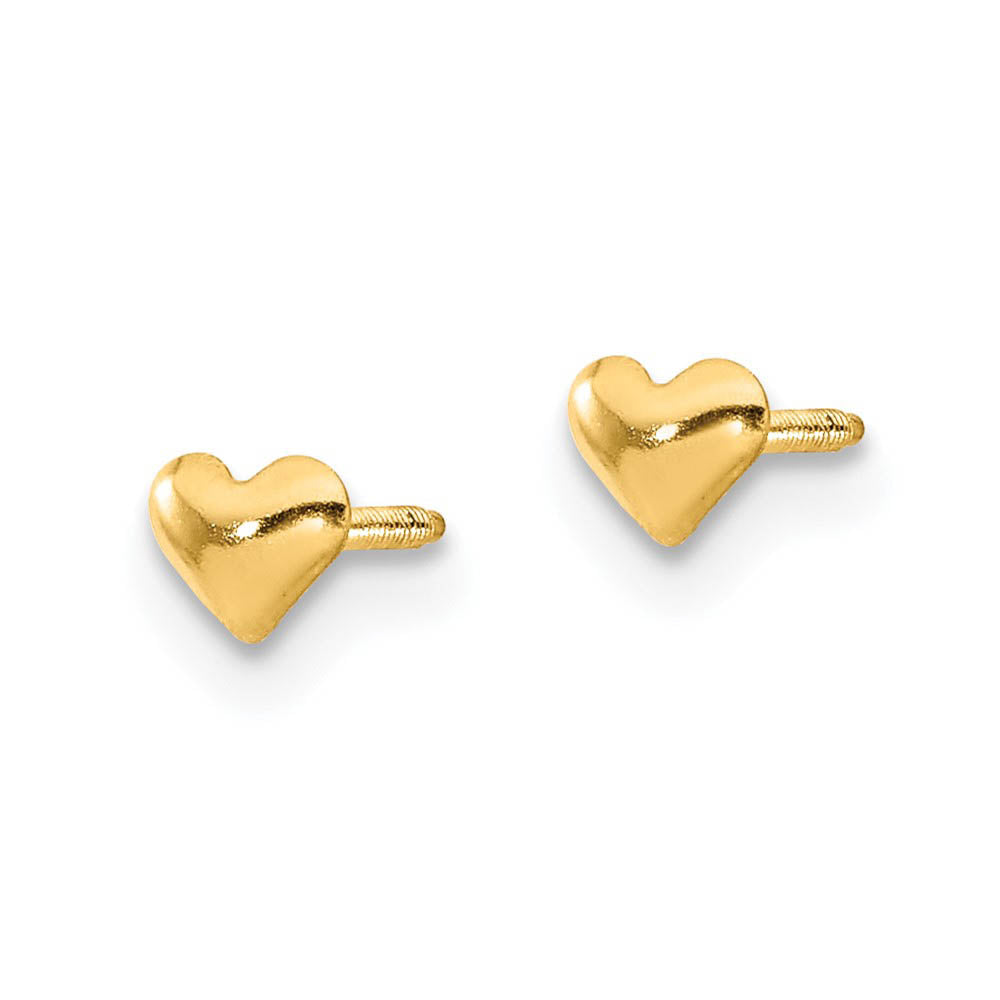 Alternate view of the Kids Tiny Polished Heart Screw Back Post Earrings in 14k Yellow Gold by The Black Bow Jewelry Co.