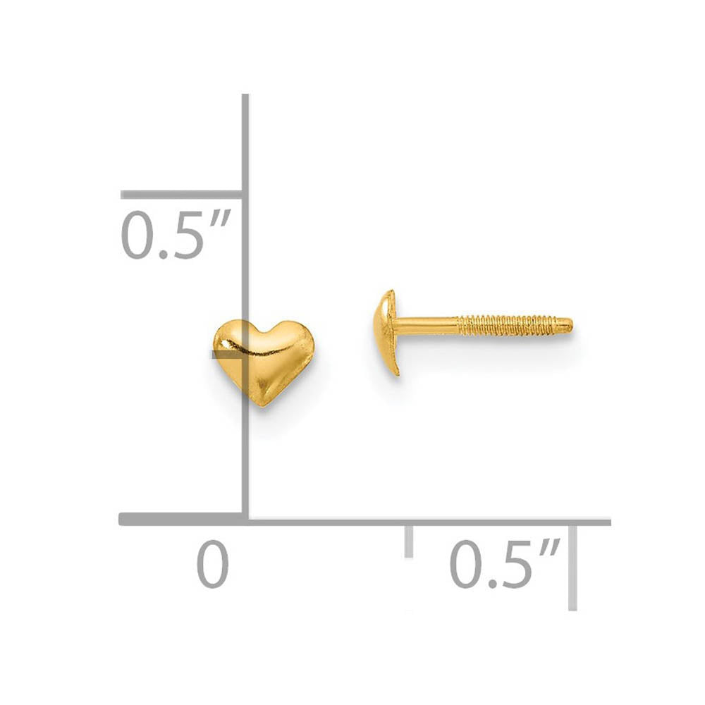 Alternate view of the Kids Tiny Polished Heart Screw Back Post Earrings in 14k Yellow Gold by The Black Bow Jewelry Co.