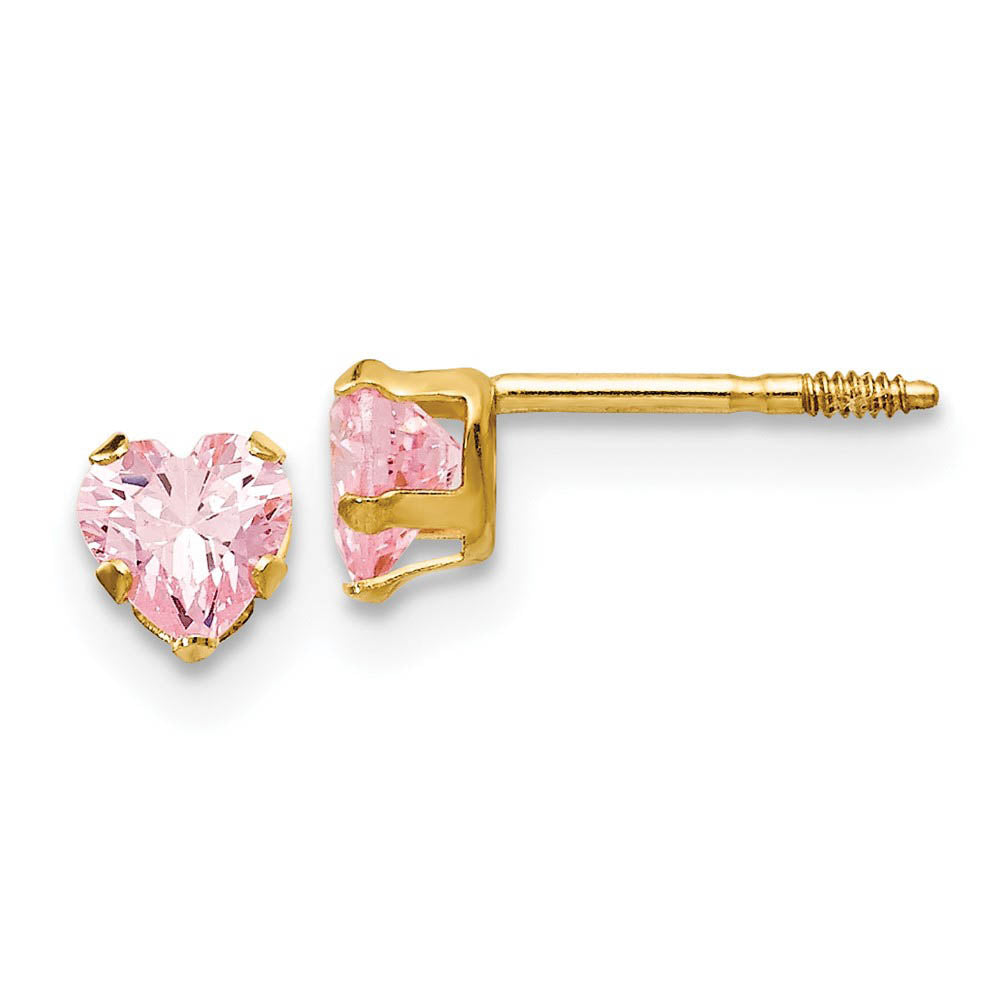 Kids 4mm Pink Cubic Zirconia Heart Post Earrings in 14k Gold, Item E10247 by The Black Bow Jewelry Co.