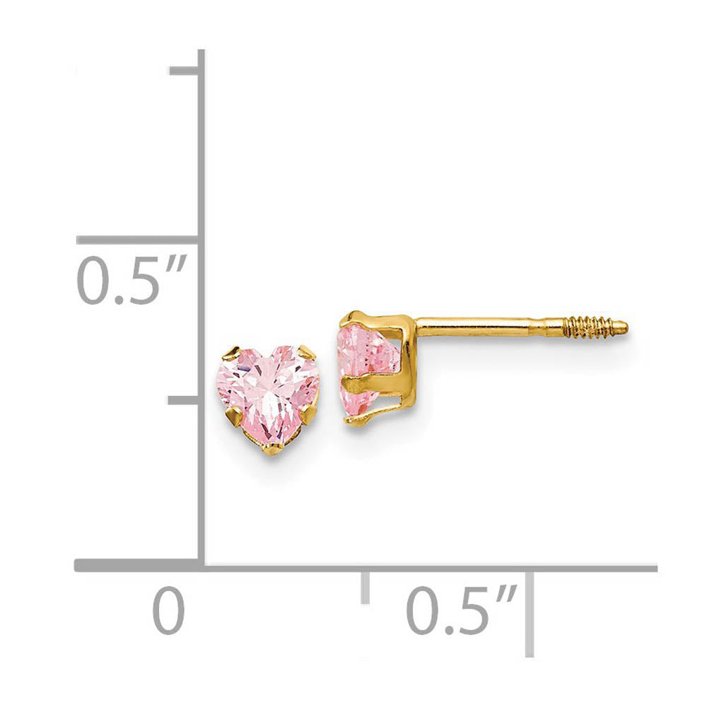 Alternate view of the Kids 4mm Pink Cubic Zirconia Heart Post Earrings in 14k Gold by The Black Bow Jewelry Co.