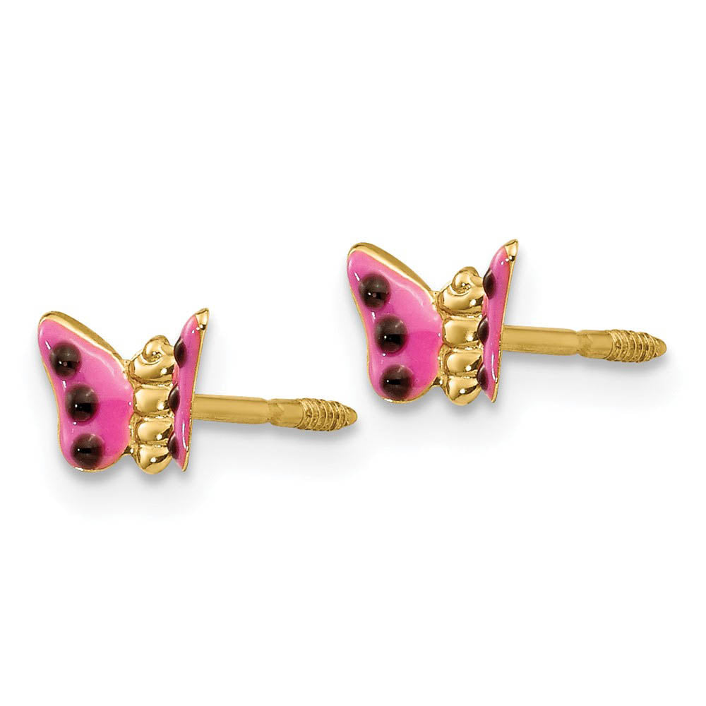 Alternate view of the Kids Pink Enameled Butterfly Post Earrings in 14k Yellow Gold by The Black Bow Jewelry Co.