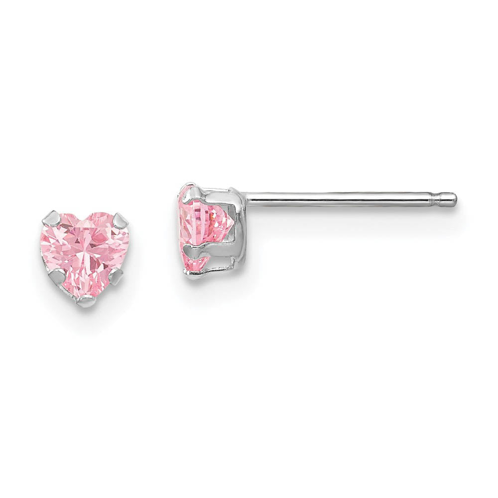 Kids 4mm Pink Cubic Zirconia Heart Post Earrings in 14k White Gold, Item E10283 by The Black Bow Jewelry Co.