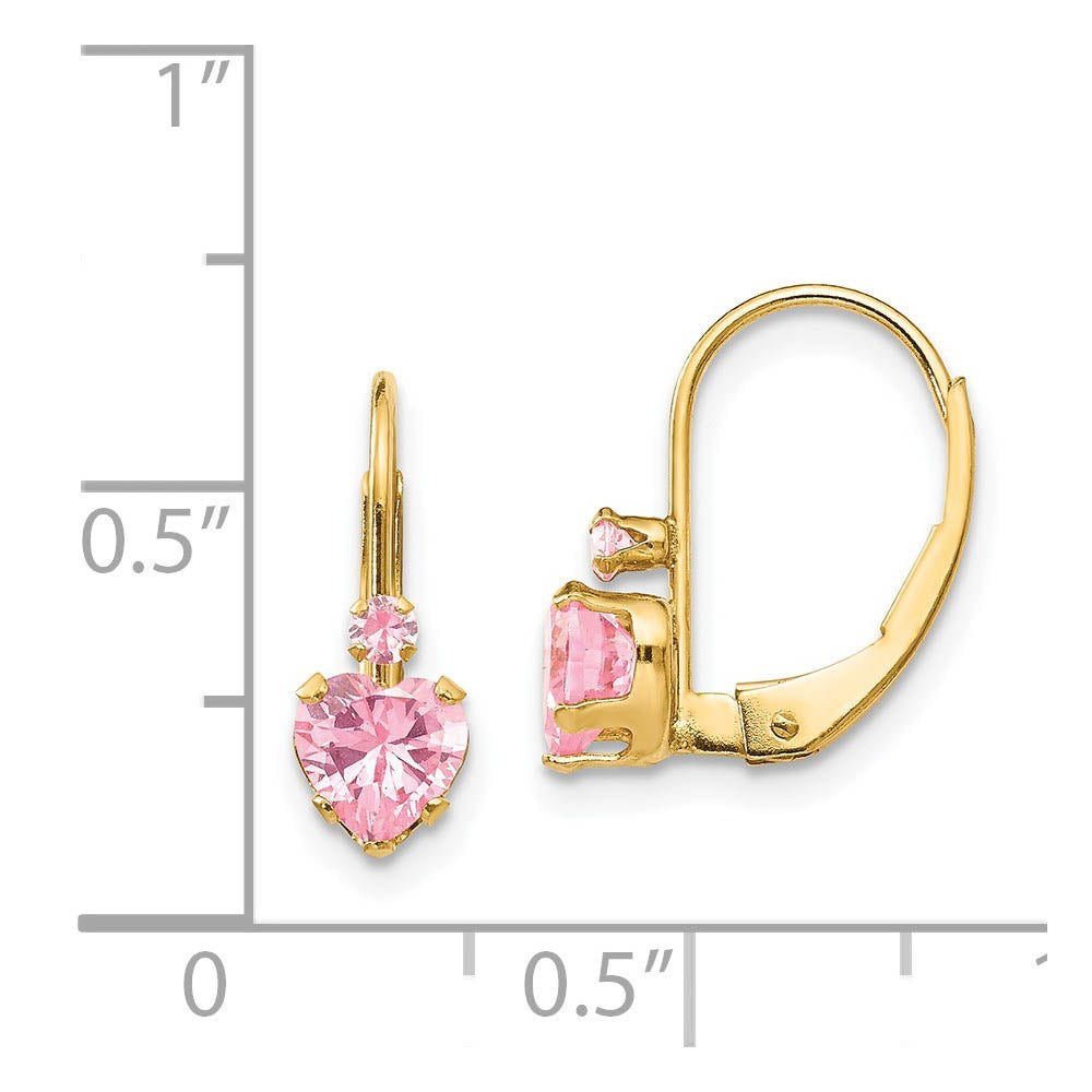 Alternate view of the Kids Pink Cubic Zirconia Heart Lever Back Earrings in 14k Yellow Gold by The Black Bow Jewelry Co.