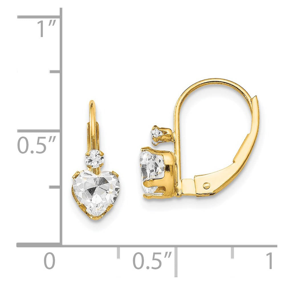 Alternate view of the Kids Clear Cubic Zirconia Heart Lever Back Earrings in 14k Yellow Gold by The Black Bow Jewelry Co.