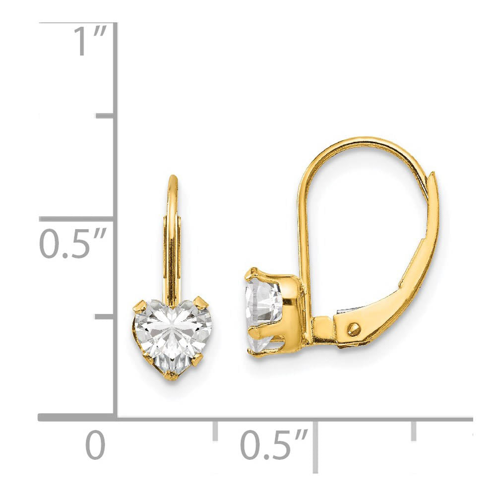 Alternate view of the Kids 14k Yellow Gold & Clear CZ 5mm Heart Shaped Lever Back Earrings by The Black Bow Jewelry Co.