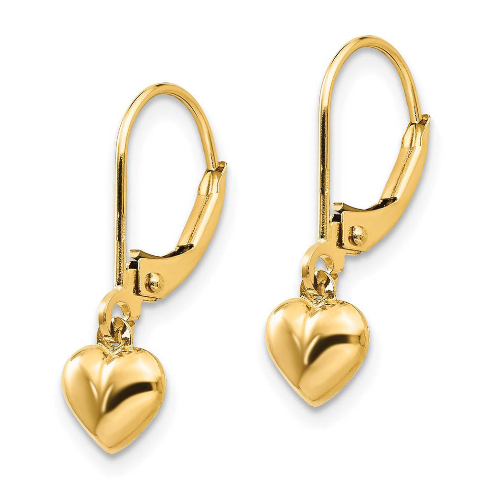 Alternate view of the Kids 5mm Puffed Heart Lever Back Earrings in 14k Yellow Gold by The Black Bow Jewelry Co.