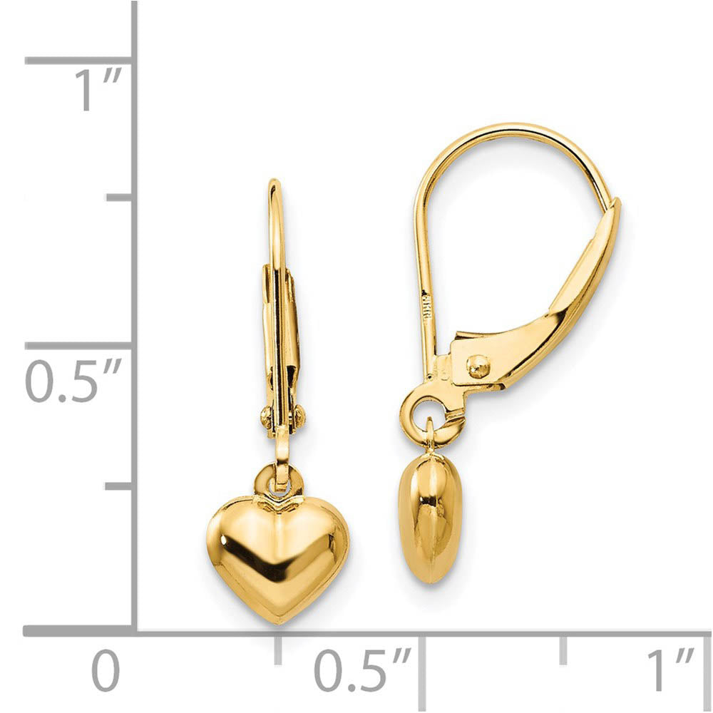 Alternate view of the Kids 5mm Puffed Heart Lever Back Earrings in 14k Yellow Gold by The Black Bow Jewelry Co.