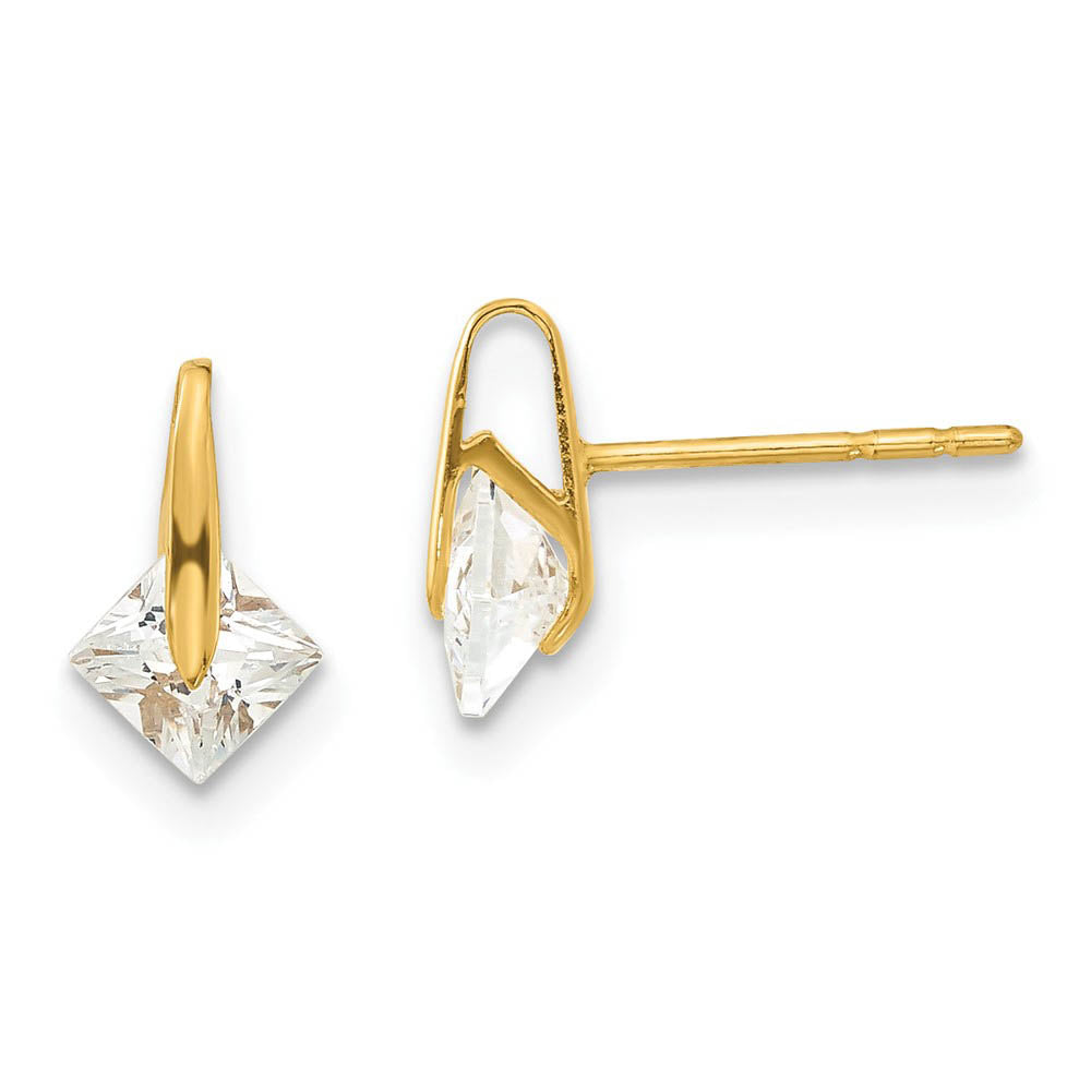 Kids 4mm Square Cubic Zirconia Post Earrings in 14k Yellow Gold, Item E10330 by The Black Bow Jewelry Co.