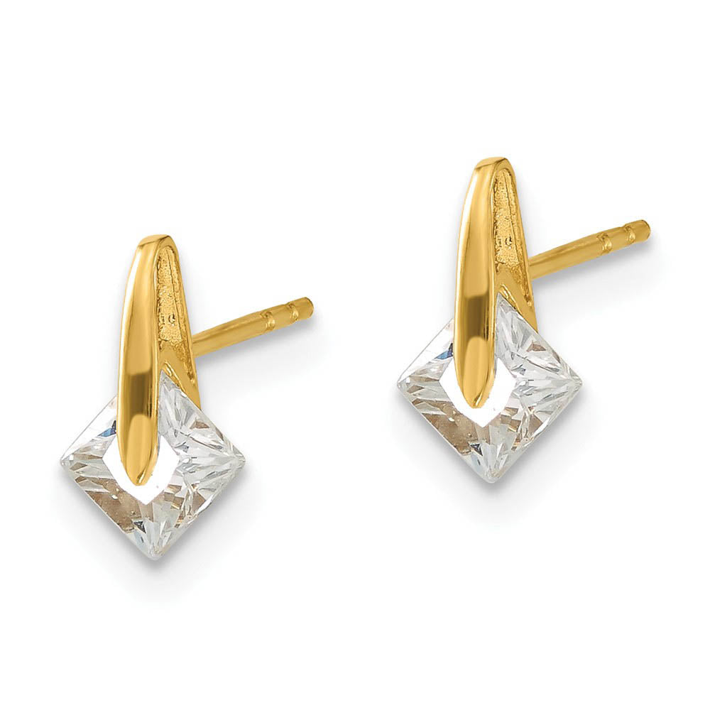 Alternate view of the Kids 4mm Square Cubic Zirconia Post Earrings in 14k Yellow Gold by The Black Bow Jewelry Co.