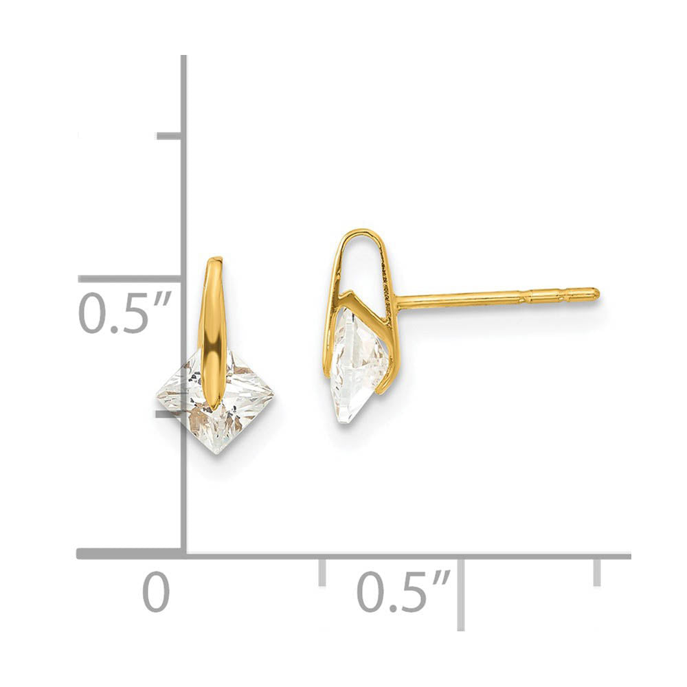 Alternate view of the Kids 4mm Square Cubic Zirconia Post Earrings in 14k Yellow Gold by The Black Bow Jewelry Co.