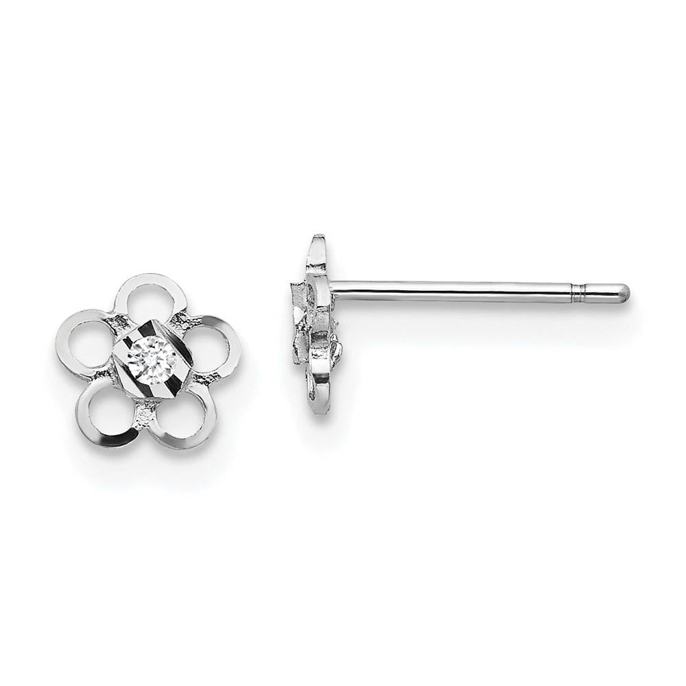Kids 14k White Gold & CZ 6mm Flower Post Earrings, Item E10361 by The Black Bow Jewelry Co.
