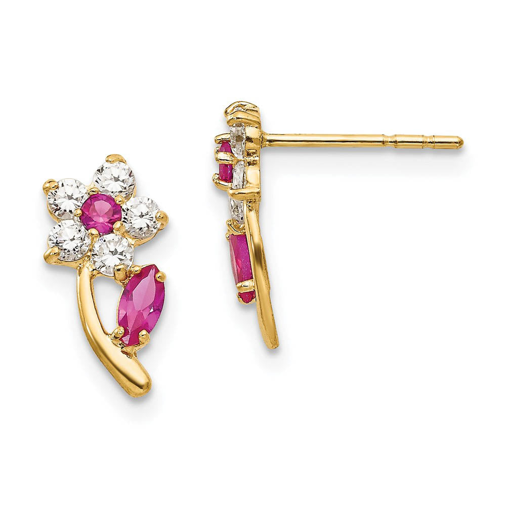 Kids 14k Yellow Gold with Clear & Red CZ Flower and Stem Post Earrings, Item E10365 by The Black Bow Jewelry Co.