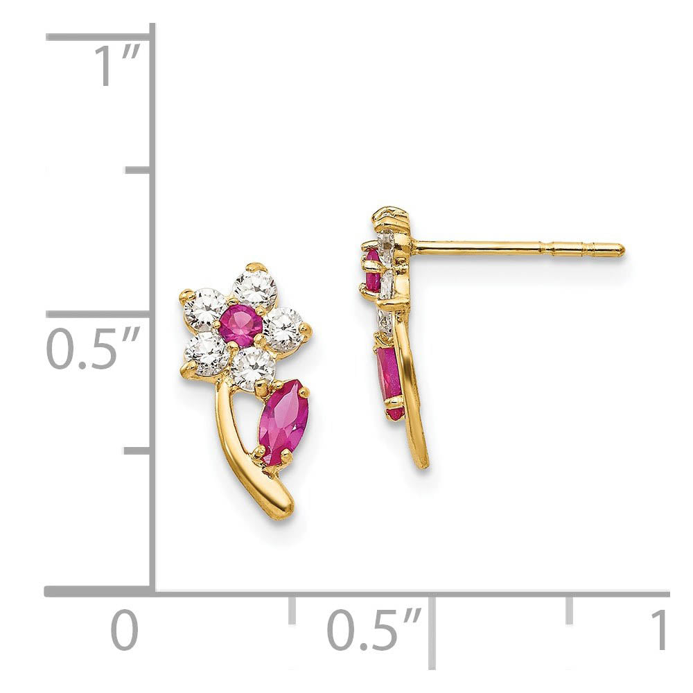 Alternate view of the Kids 14k Yellow Gold with Clear & Red CZ Flower and Stem Post Earrings by The Black Bow Jewelry Co.