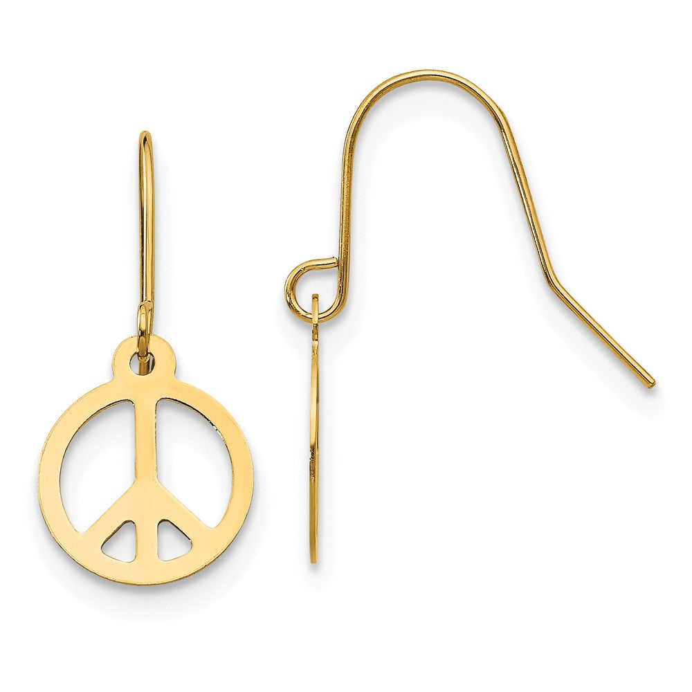 Kids 8mm Peace Sign Dangle Earrings in 14k Yellow Gold, Item E10371 by The Black Bow Jewelry Co.