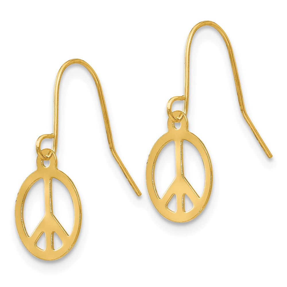 Alternate view of the Kids 8mm Peace Sign Dangle Earrings in 14k Yellow Gold by The Black Bow Jewelry Co.