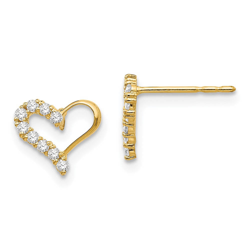 Kids Cubic Zirconia Open Heart Post Earrings in 14k Yellow Gold, Item E10390 by The Black Bow Jewelry Co.