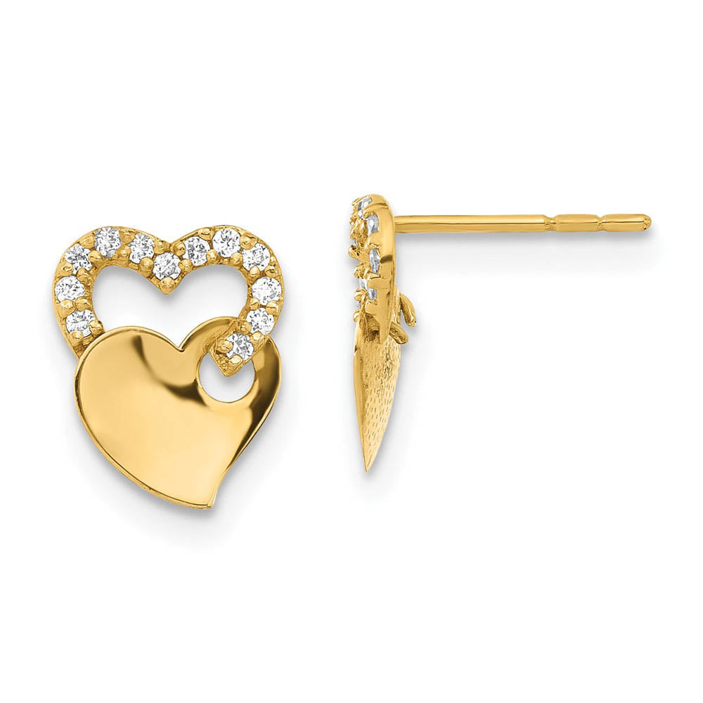 Kids Cubic Zirconia Double Heart Post Earrings in 14k Yellow Gold, Item E10391 by The Black Bow Jewelry Co.